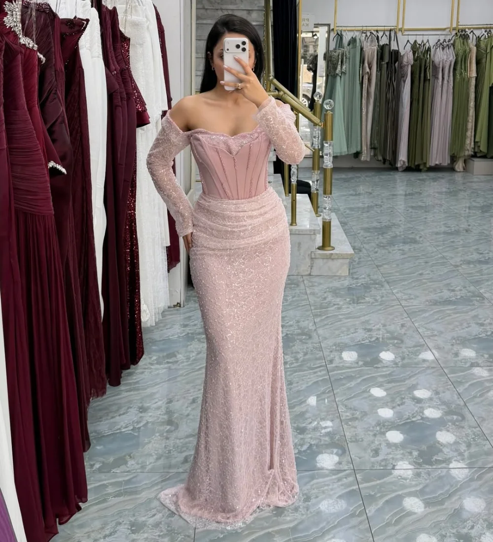 Customized Chinese Style Lace Pleat Pattern Trumpet Off-the-shoulder Long Bespoke Occasion Party Dresses