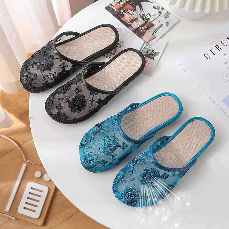 Womens Ladies Fashion Stylish Mesh Floral Slippers Slides Slip On Flats Flip Flop Loafers Mules Fresh Breathable Home