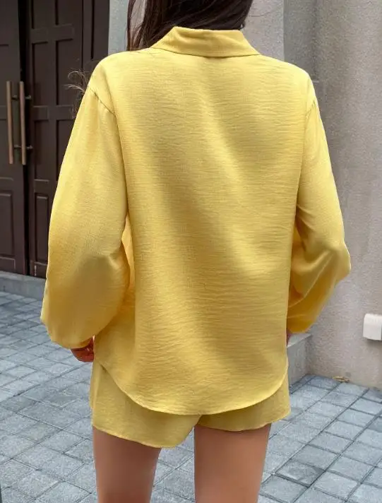 

Two Piece Set Women Outfit 2026 New Spring Autumn Turn-Down Collar Long Sleeve Loose Shirt & High Waist Casual Daily Shorts Set
