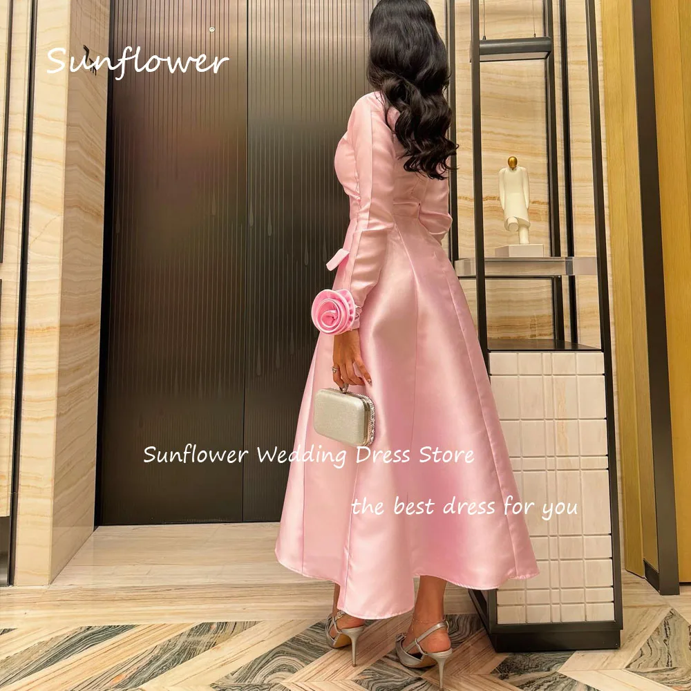 Sunflower Simple Pink O-Neck A-LINE Prom dress 2024 Slim Long Sleeve With 3D Flowers Satin Ankle-Length Formal Evening Dress