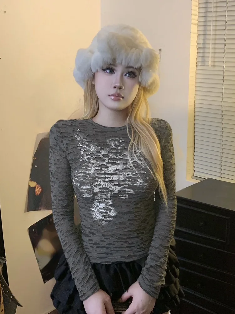 AltGoth Y2k E-girl الشارع الشهير هول تي شيرت المرأة مول القوطي Harajuku الجرونج سايبر الشرير ملابس منقوشة بكم طويل س الرقبة المحملة القمم أنثى