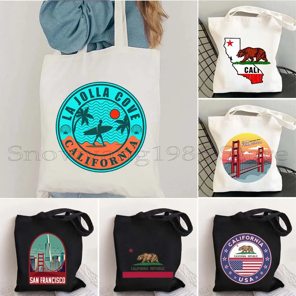 

San Francisco California State USA Bear Flag Golden Gate Bridge Palm Springs San Diego Poppy Canvas Tote Bag Shopper Handbag