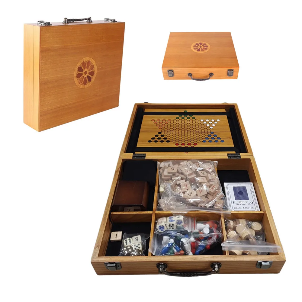 High-end Solid Wood Multi-game Board Set - Portable Handheld Chess, Backgammon & Chinese Checkers Storage Box