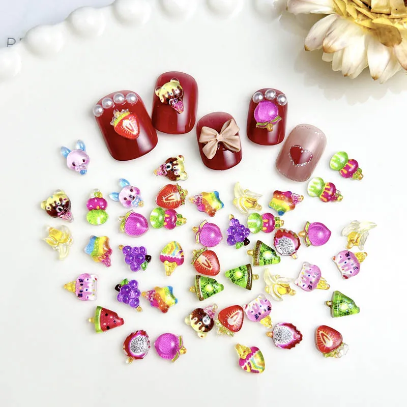 30Pcs Color Simulated Bear Peach Star Ice-cream Nail Charms 3D Resin Fruits Ice-cream Cool Summer Nail Art Decorations DIY