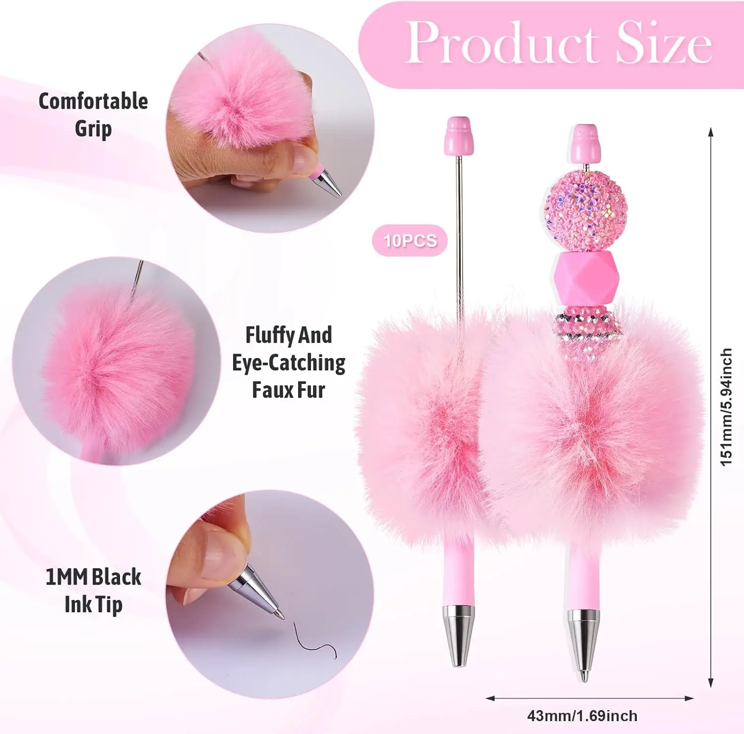 10pcs Fluffy Beadable Cute Plush Ball Beaded Pens DIY Plastic Bead Pen Funny Pom Pom Pens Shaft Black Ink Ballpoint Pens for DIY
