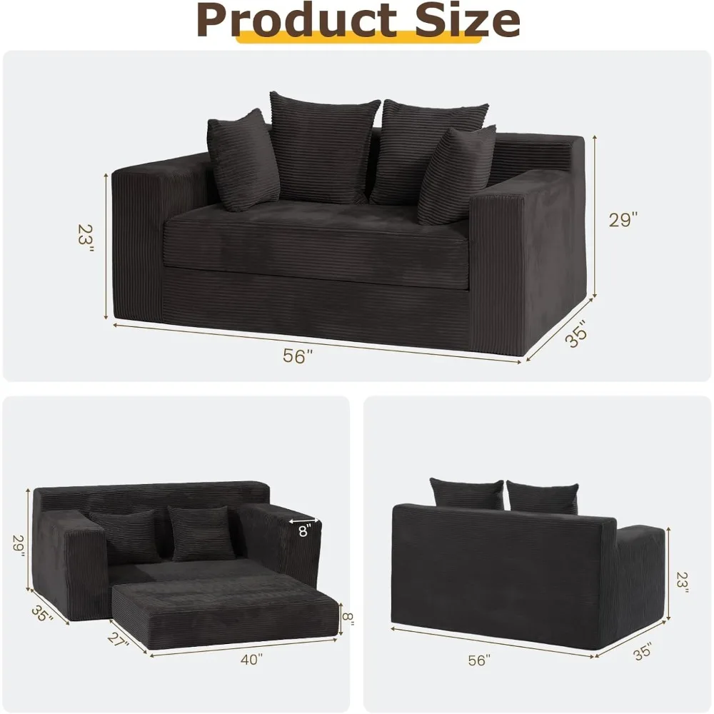 Sofa Bed, 3 in 1 Loveseat Folding Couch Bed Foldable - Chaise Lounge Chair & Floor Futon Sleeper, Corduroy Pull Out