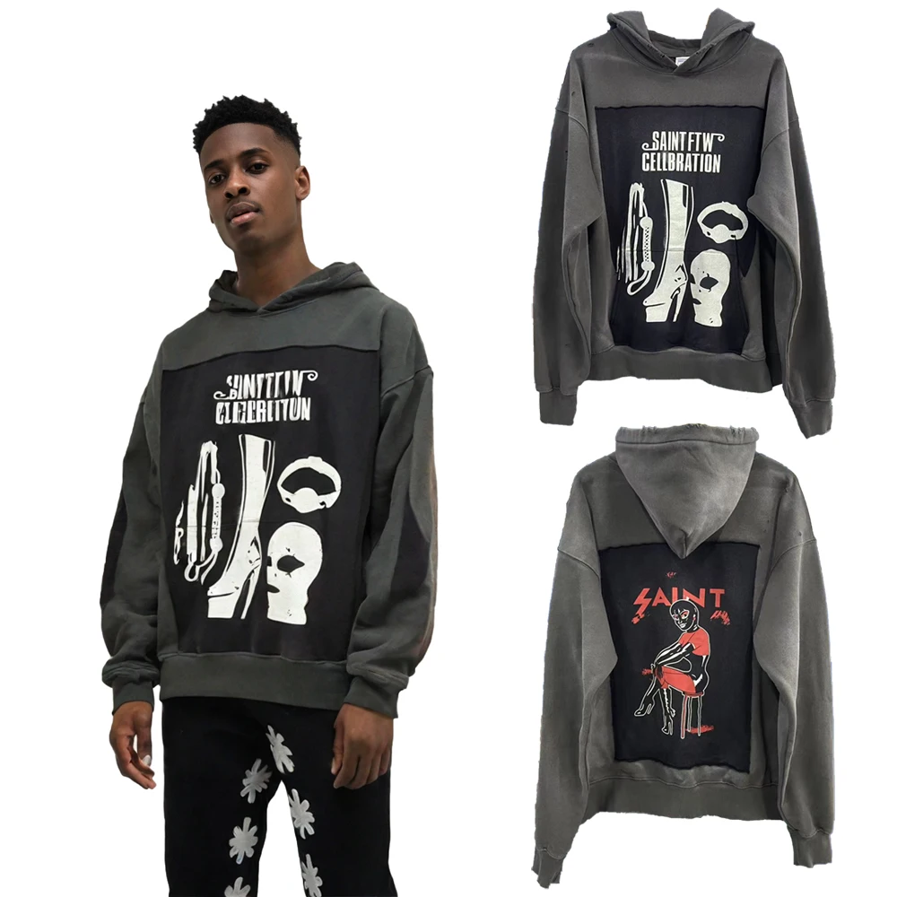 

Зимняя уличная одежда: мужские худи оверсайз в стиле хип-хоп с эффектом поношенности, с забавными графическими принтами и элементами пэчворк из хлопка