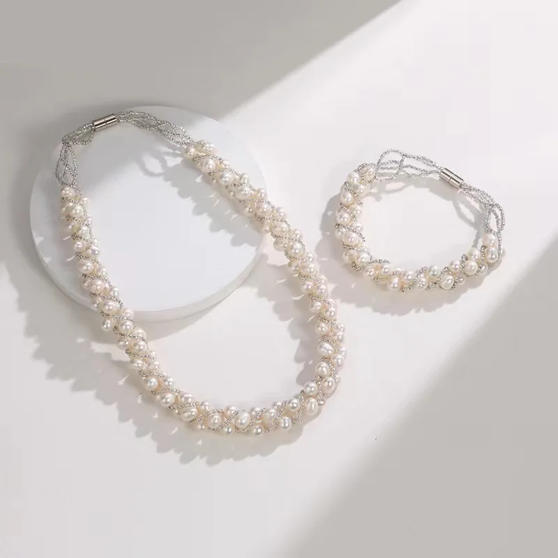 Freshwater Pearl Short Necklace Fashion Braided Magnetic Clasp Collarbone Chain Choker