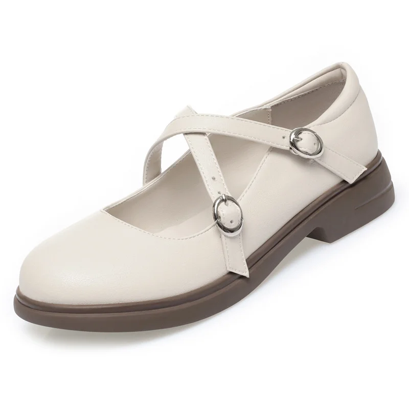 2024 Spring Versatile Breathable Women Mary Jane Shoes Low Heel Buckle Strap Round Toe Party Dance Soft Leather Single Shoes