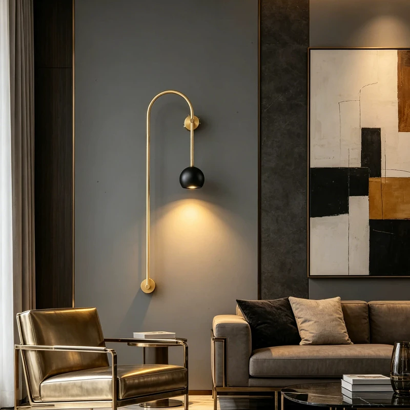Hotel room bedside wall lamp, hallway lamp, all copper Italian style light luxury background wall long pole wall lamp