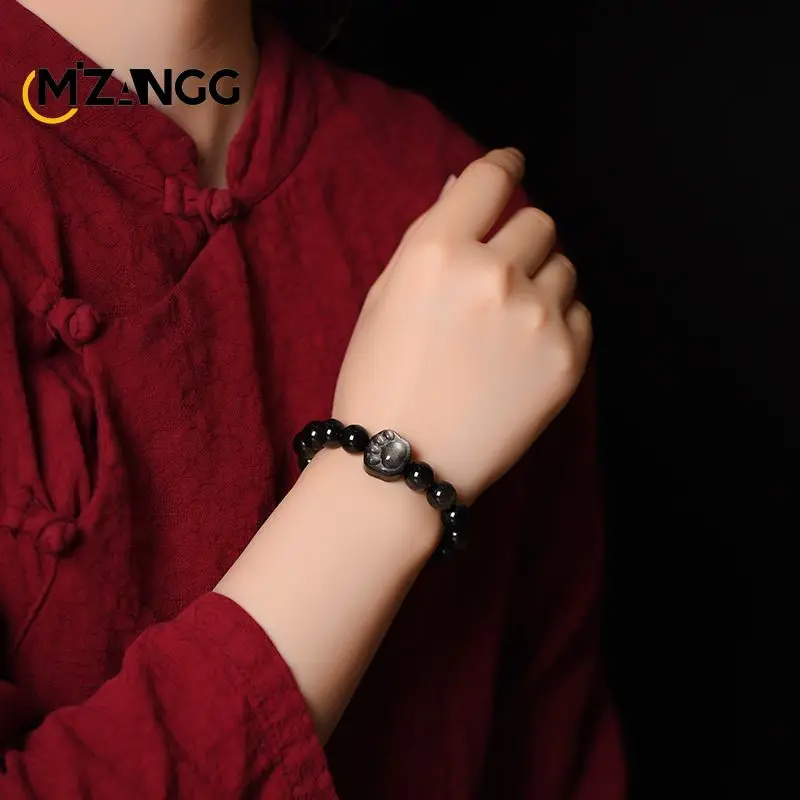 Natural Obsidian Bracelet Gold and Silver Obsidian Cat PiXiu Beads Strings Hand-carved Luxury Jewelry Lucky Amulet Men and Women