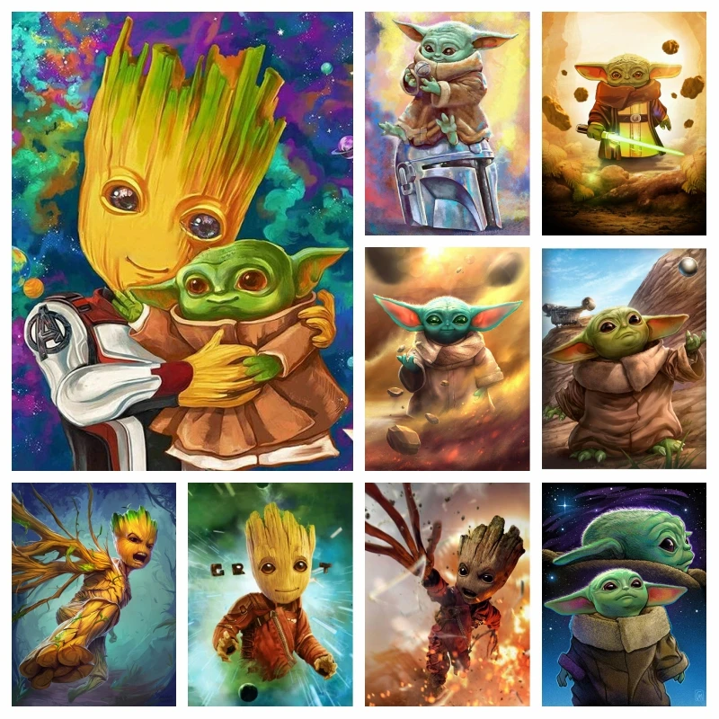 

Cute Baby Yoda And Groot Diamond Painting Artwork The Mandalorian And Avengers Movie Characters Mosaic Cross Stitch Home Decor