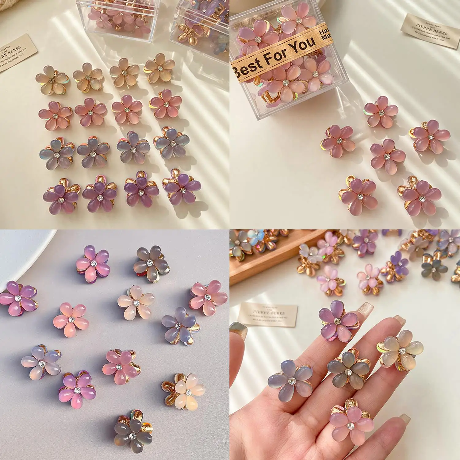 

4PCS Small Hair Claw Clips For Girls Women Mini Gradient Resin Flower Hair Clips With Crystal Cute Hair Pin Sparkling Barrettes