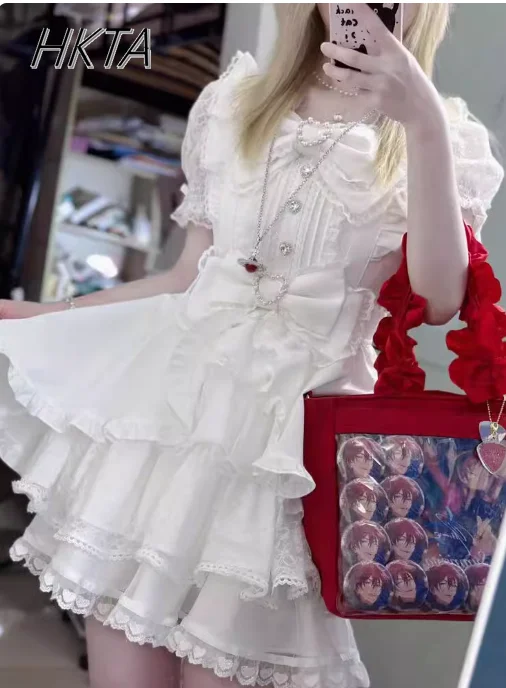 

Японское платье Лолиты Liz с милым бантом и высокой талией для девочек, женское летнее платье с рюшами для тяжелой промышленности, комплект мини-юбки