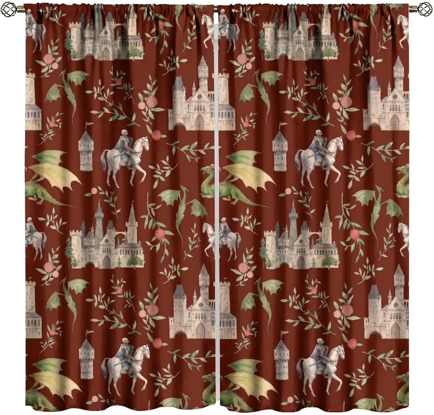 Dragon Blackout Curtain,Red Magical Middle Ages Style Knights Animal Castle Pattern Window Treatments Darkening Drapes for