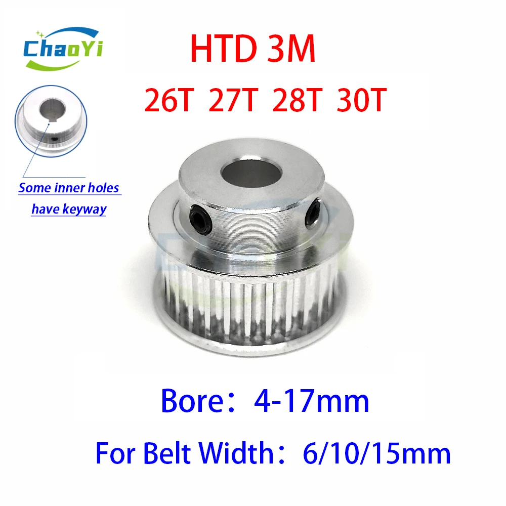 

HTD 3M Timing Pulley 26 27 28 30 Teeth Bore 4/5/6/6.35/7/8/10/12/12.7/14/15mm For Belt Width 6/10/15mm HTD3M Synchronous Wheel