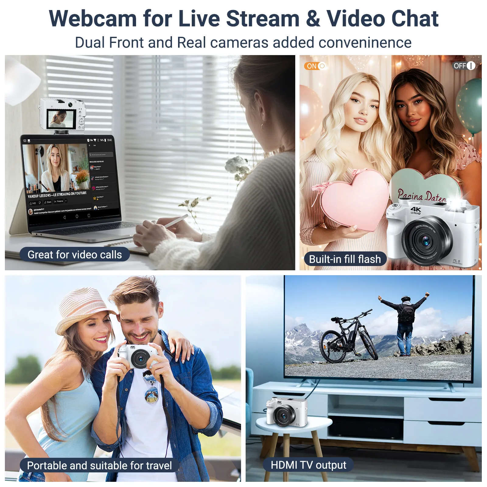 4K Digital Camera - 75MP Front & Rear with Autofocus & Anti-Shake, 3'' Selfie Vlogging Camera, Ultra Bright Flash, 18X Zoom