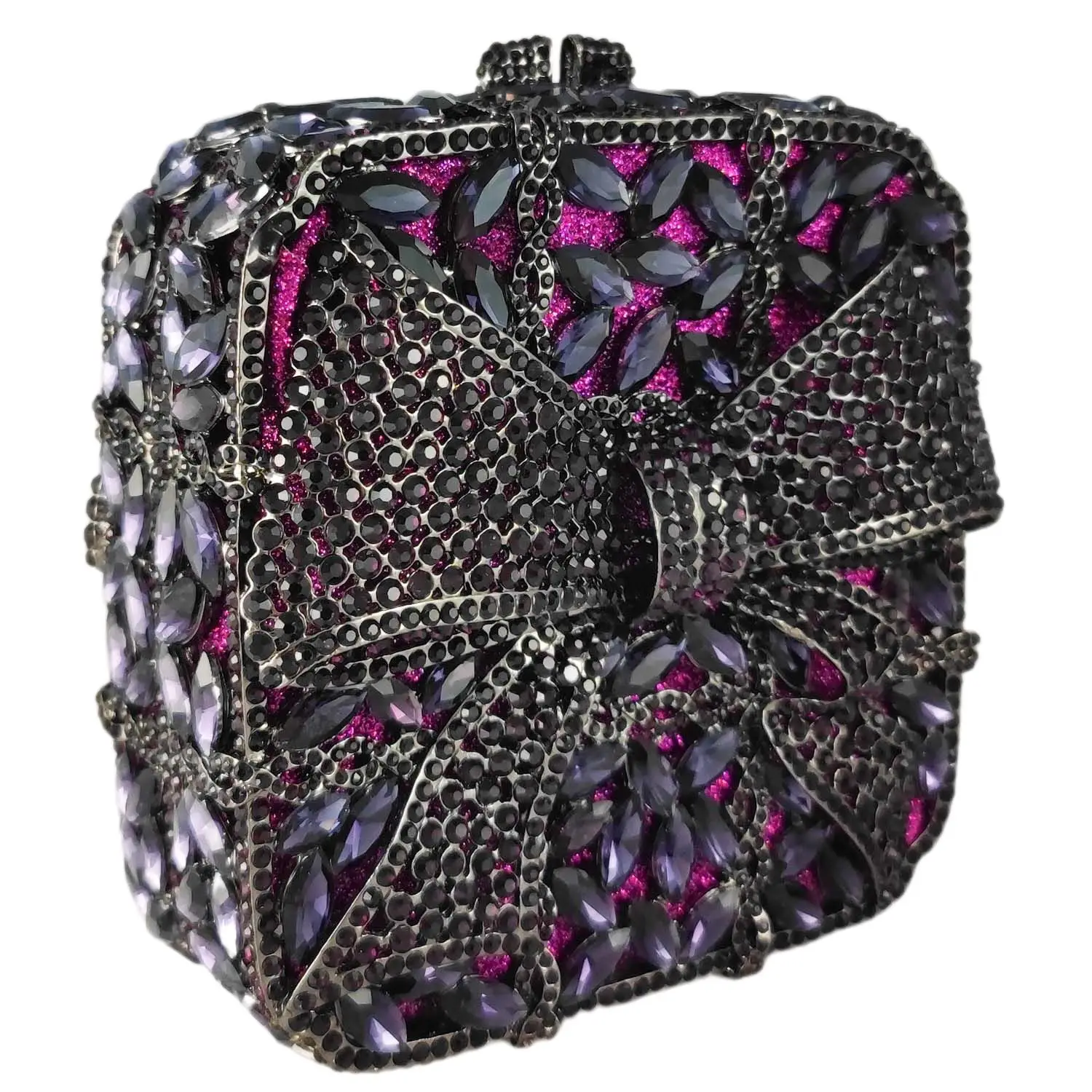 Boutique De FGG Purple Crystal Clutch Purse Women Formal Party Rhinestone Clutch Bag Bow Diamond Evening Minaudiere Handbags