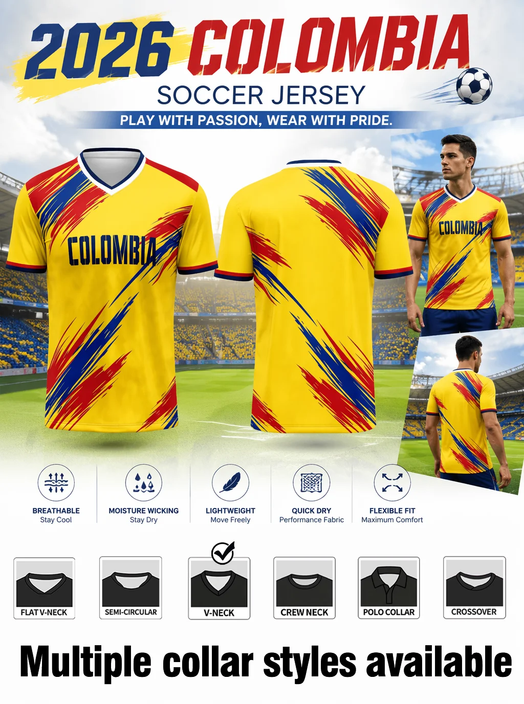 Colombia national‑team athletic top with tricolor decoration, six different collar styles for you to pick