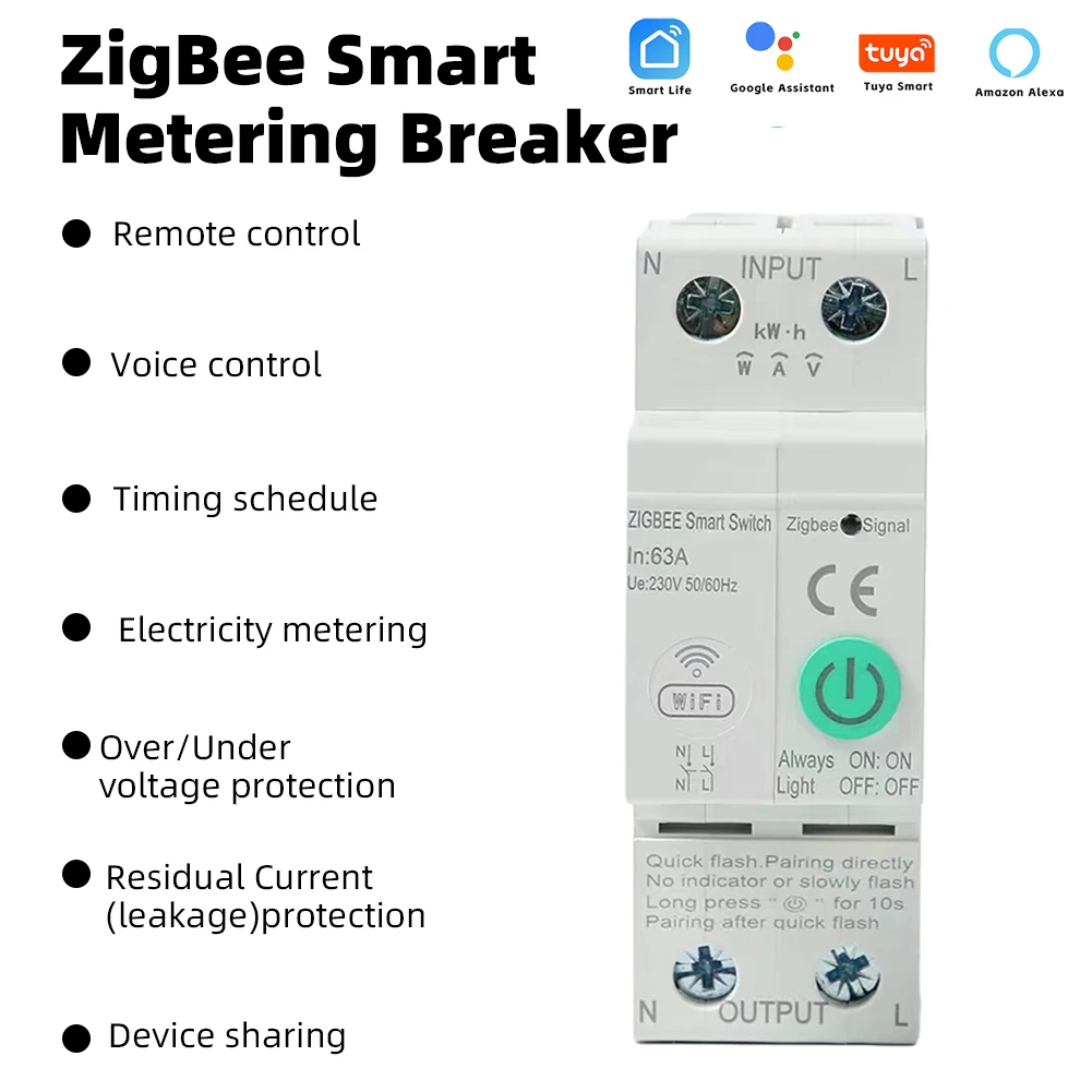 

RMshebei Earth Leakage Circuit Breaker 63A 2P Tuya Smart Home Products App Control Zigbee Smart Over Under Voltage Protector