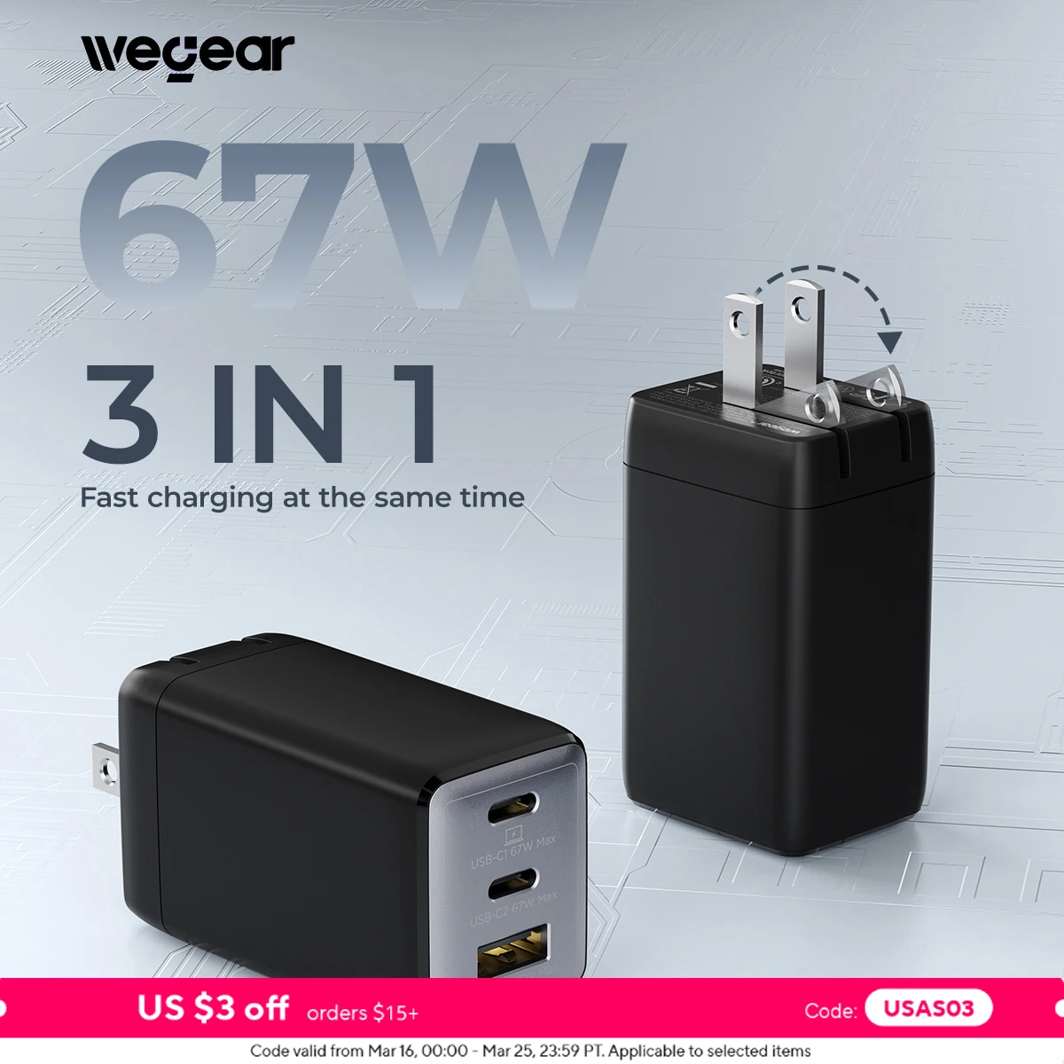 

wegear 67W USB C charger 3-Port GaN Fast Compact Foldable for iPhone 17/16 Series for Galaxy for iPad Compatible with MagSafe