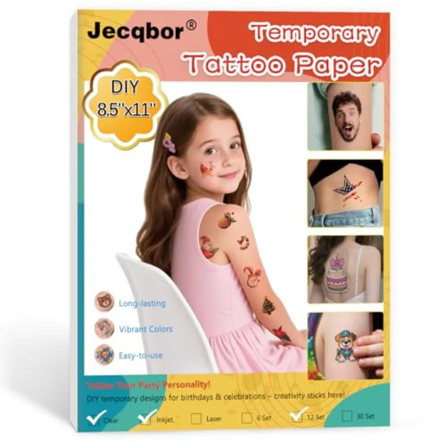 

Printable Temporary Tattoo Paper for INKJET Printer, Custom Tattoo Sticker 8.5"X11", DIY Personalized Long-lasting Clear Transf