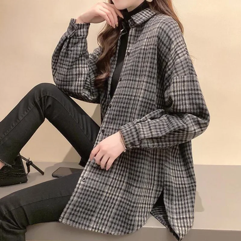 2023 Autumn/Winter Vintage Temperament Large Casual Korean Women Clothes Versatile Lapel Plaid Long Sleeved Shirt Coat