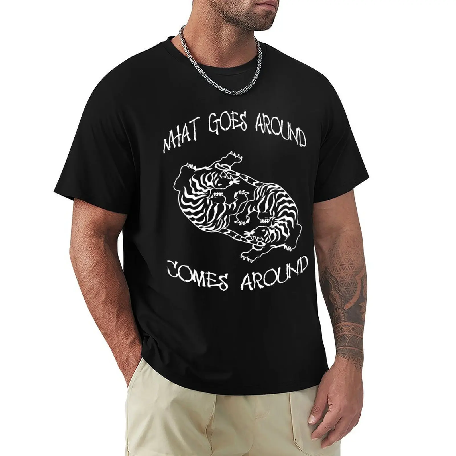 

Karma Tiger Black what goes around comes around T-Shirt No Iron Casual Short Sleeve Top