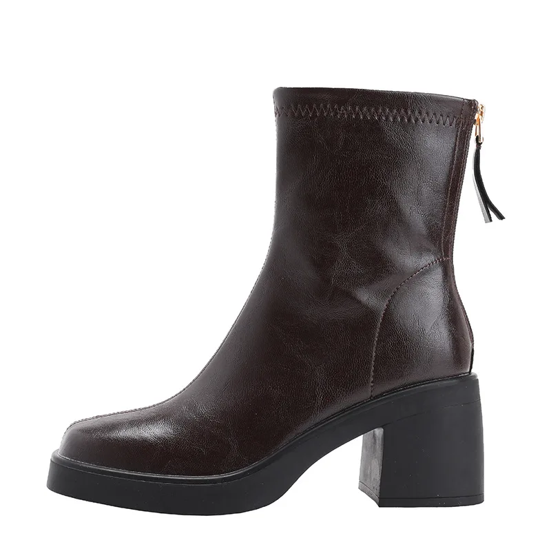 Women's Platform Chelsea Shorts Boots Spring Autumn Square Round Toe Zipper Ankle Boots Waterproof Mid High Heels Botas De Mujer view 6