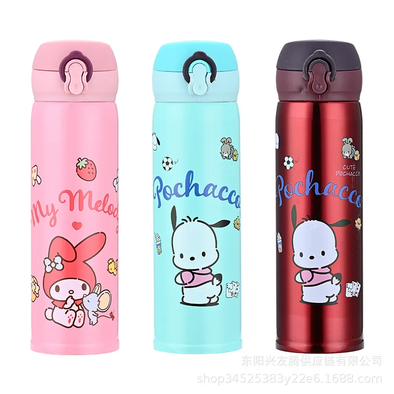 

New Kuromi My Melody Thermos Cup Sanrio Kawaii Anime Pochacco Cinnamoroll Pattern Portable Water Cup Tide Gift for Kids