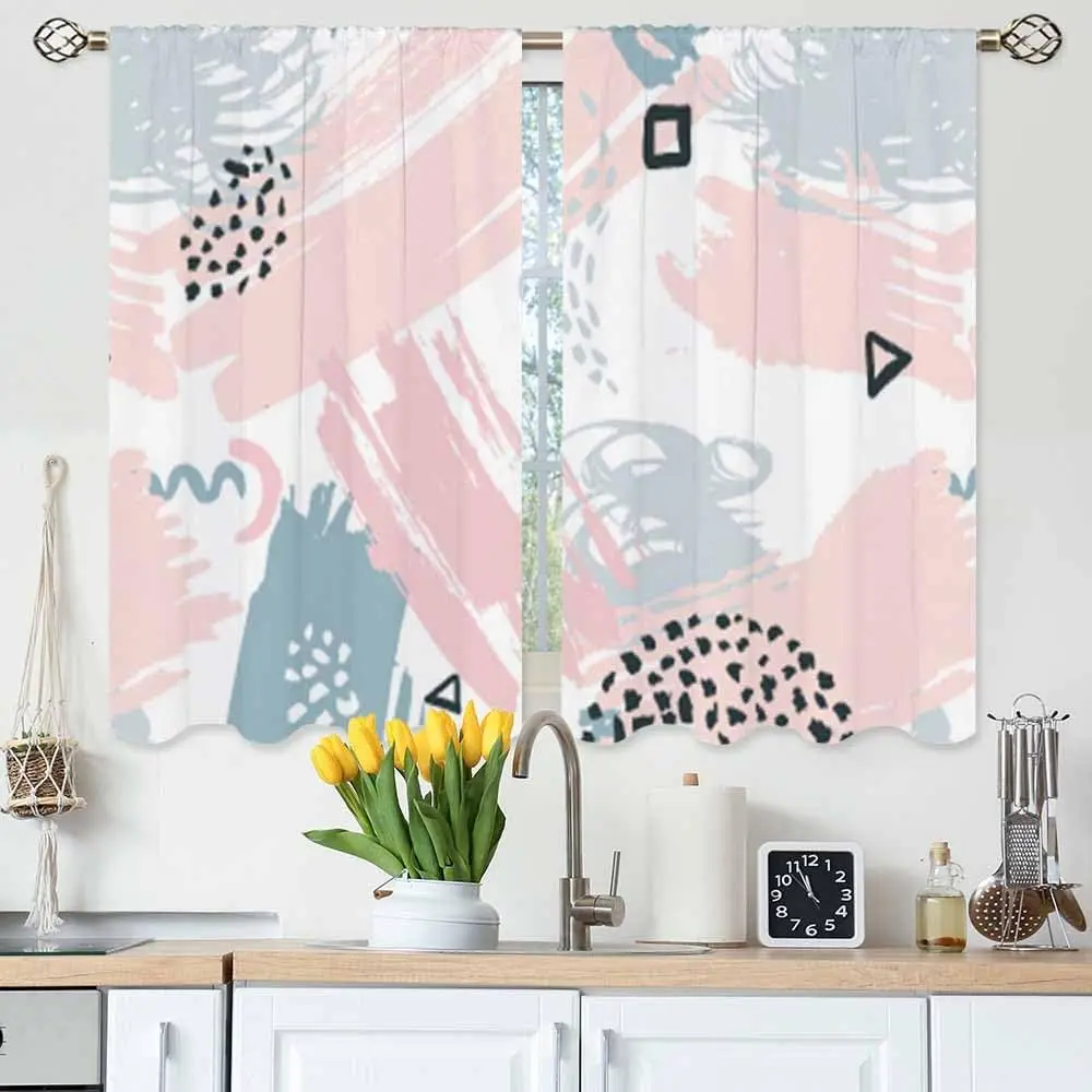 Boho Brush Strokes Kitchen Curtains Geomtric Pop Art Splash Textures Pastel Colors Short Tier Curtains for Bathroom Cafe Small