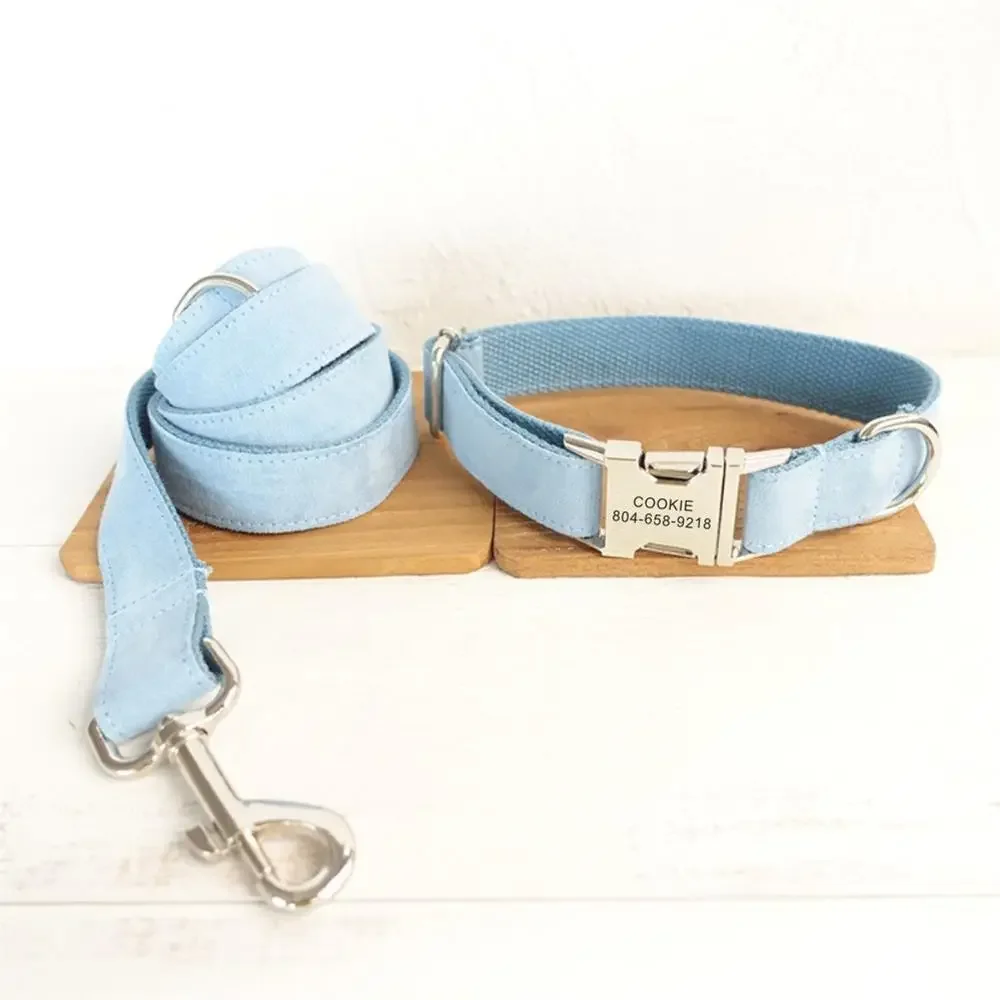 Personalized Dog Collar with Free Engraving, Matching Pet Leash,Customzied Contacts Metal Buckle,Soft Sky Blue Velvet Collar