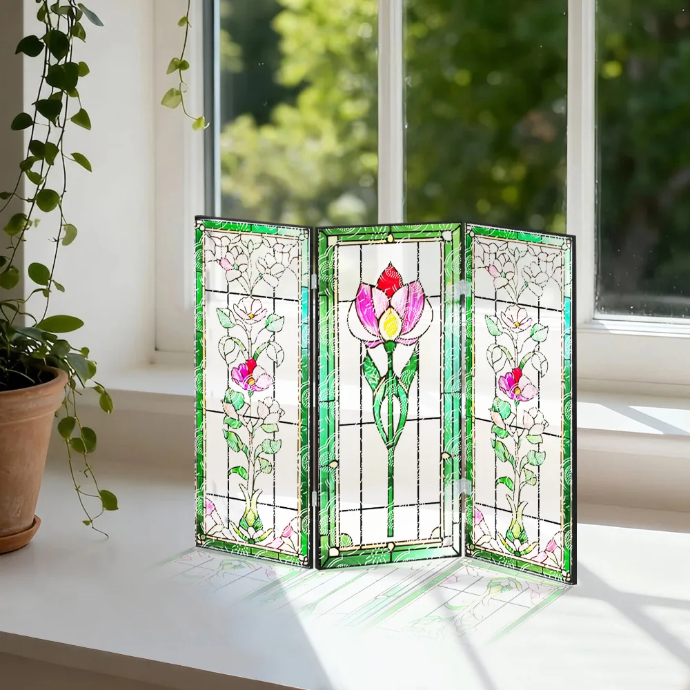 Fresh Lotus Folding Screen, Acrylic Begonia Pattern Translucent Screen Setting, High-end Gift Table Decoration
