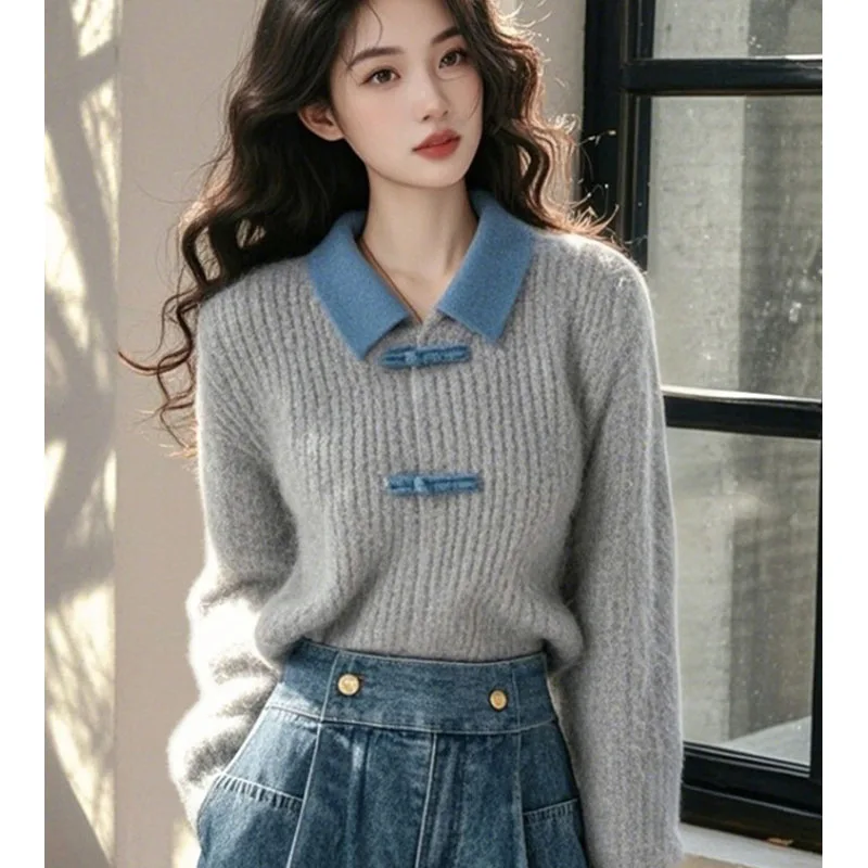 

Women's Vintage Chinese Style Pullovers Temperament Elegant Turn-down Collar Sweaters Autumn Winter Comfortable Warm Knitted Top