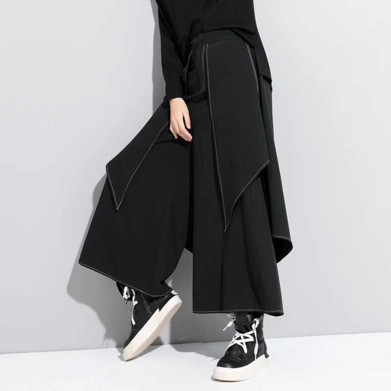 GetSpring Women Pant Capris 2024 Autumn Winter Bright Line Decoration High Waist Loose Casual Long Black Wide Leg Pants Trousers