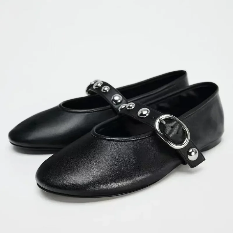 Ballet Flats for Women - Rivet Design Buckle Strap Soft Leather Light and Comfortable 2024 Autumn Collection Ladies Footwear