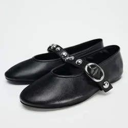 Ballet Flats for Women - Rivet Design Buckle Strap Soft Leather Light and Comfortable 2025 Autumn Collection Ladies Footwear