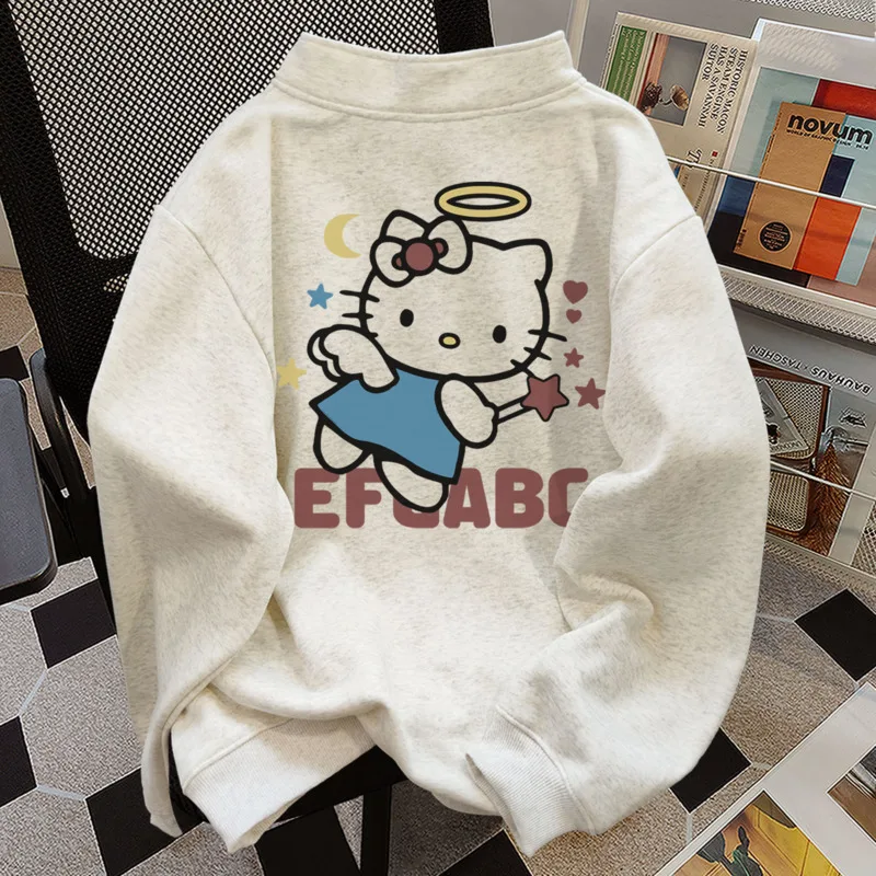 

Sanrio Hello Kitty Pure Cotton American Style Cute Cartoon Print Pullovers Women Winter New Trend Plush Half Zip Polo Sweatshirt