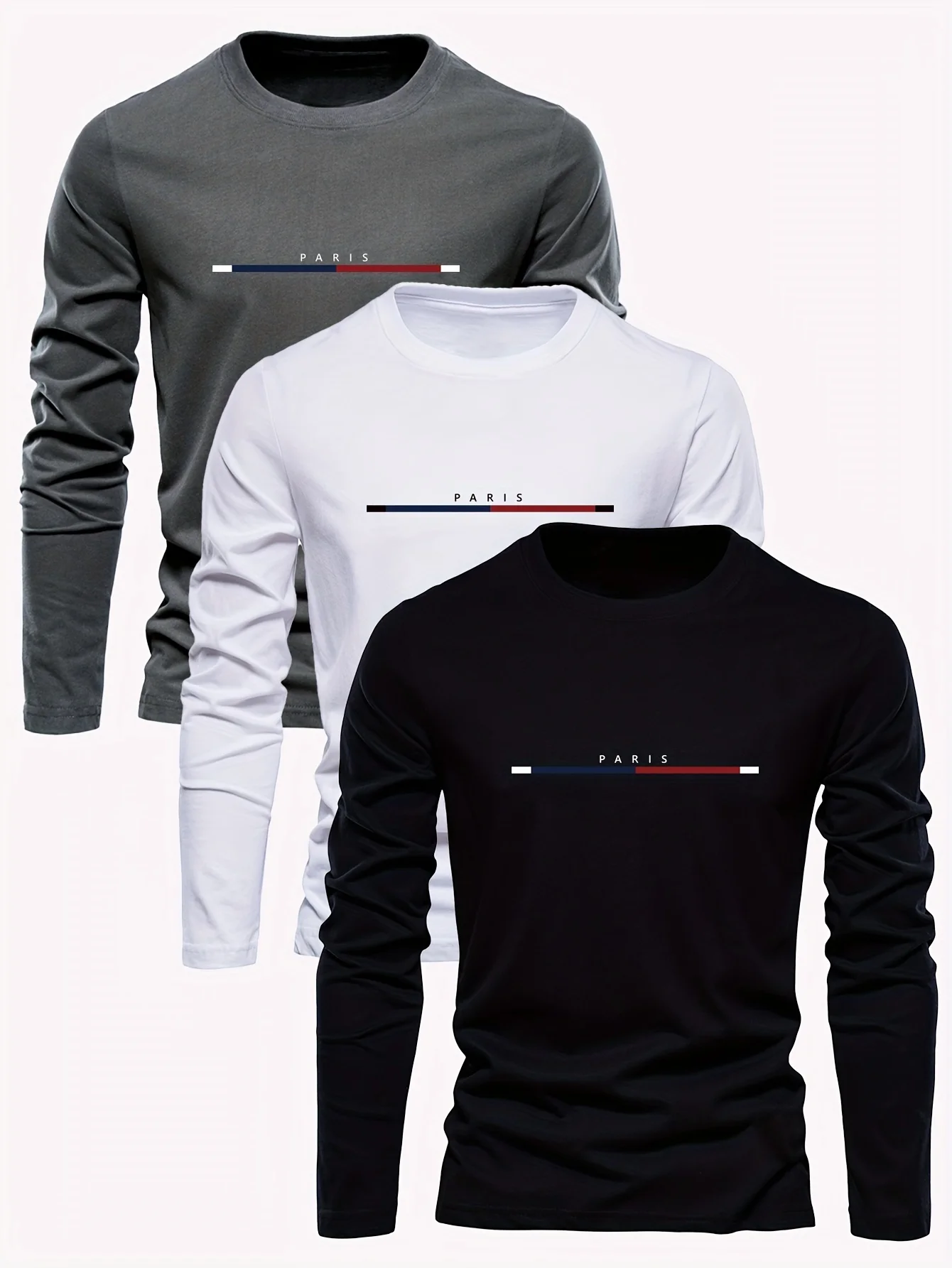 Men's 100% pure cotton summer loose comfortable casual  PARIS print large round neck  long sleeve T-shirt top image 3