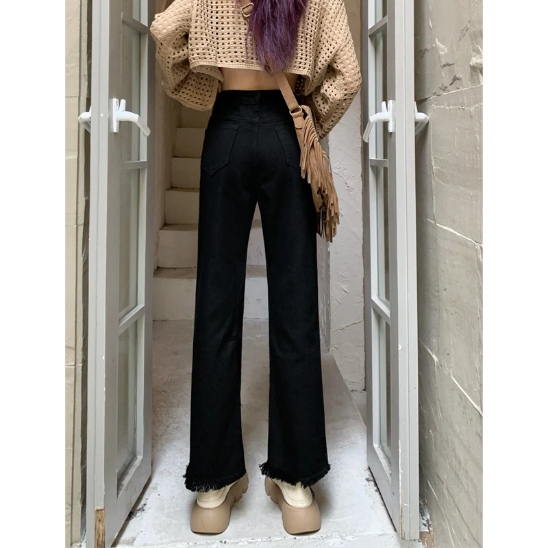 جينز أسود عالي الخصر مستقيم الساق للنساء الكمثرى ربيع 2025 جديد Sle بنطال ذو قصة أرجل واسعة مزيج القطن المضاد للتجاعيد