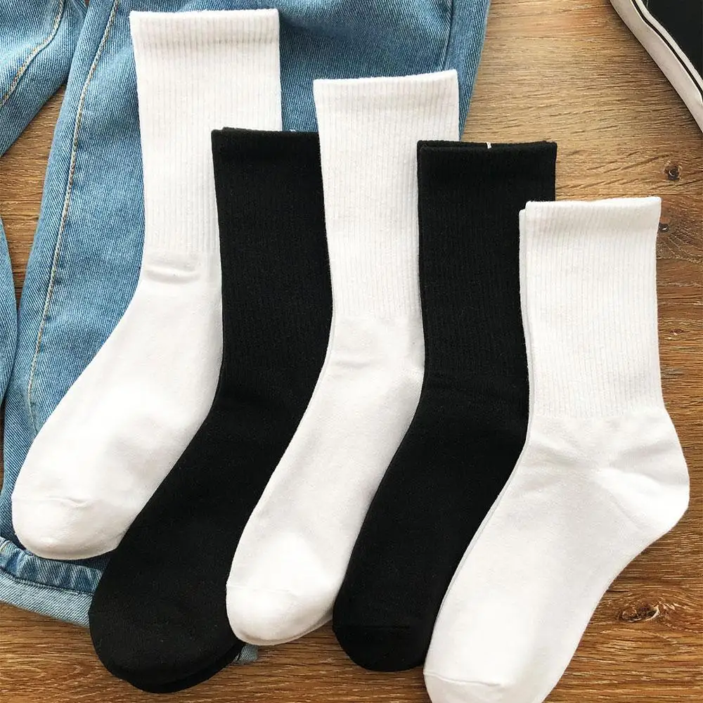 5 Pairs Women White Socks Cotton Harajuku Korean Style Socks For Girl And Boys School Middle Tube Socks