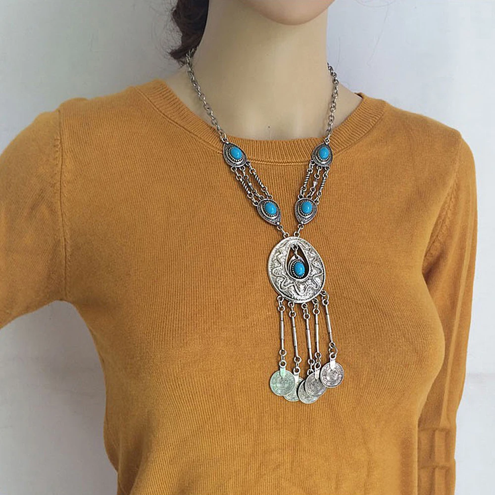 Vintage Silvery Coin Imitation Turquoise Rhinestone Tassel Necklace Earrings for Women Traditional Kazakhstan Ethnic Jewelry Set