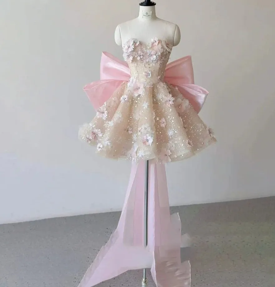 

Fashion Short Pink Prom Pageant Dress 2026 Strapless 3D Flowers Sequins Birthday Formal Party Gowns Vestidos De Feast