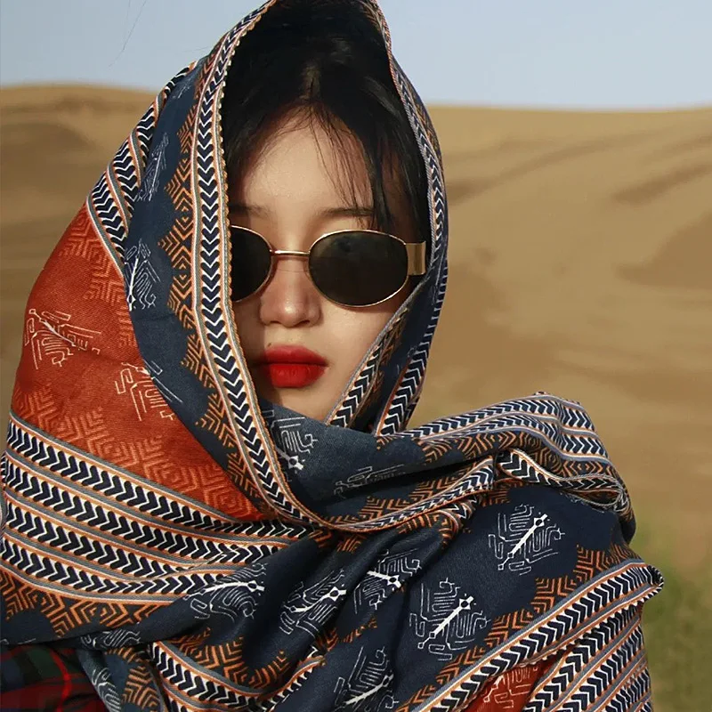 Chal Étnico Boho con Borlas para Mujer, Estampado Geométrico Vintage, Pareo de Playa de Gran Tamaño, Ligero, para Viajes de Verano, Protección Solar, Pashmina