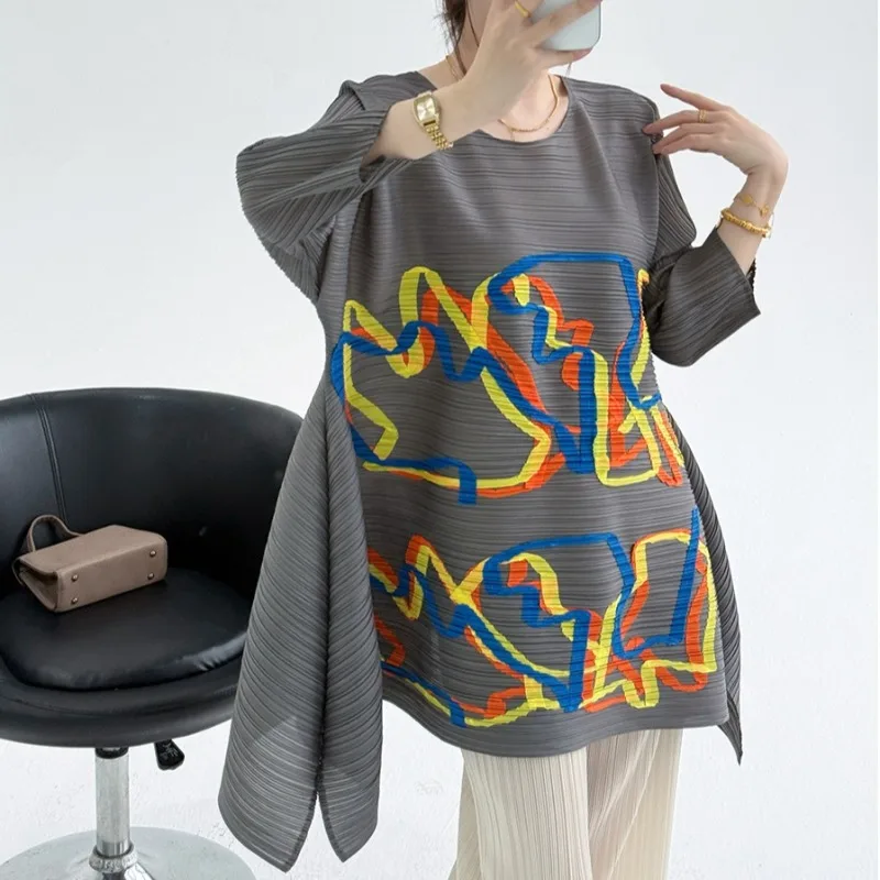 

Футболка Miyake Pleat 2026: Новинка лета, свободный крой, принт в стиле колор-блок, простой дизайн, длинный рукав, эластичная, повседневная, легкая женская одежда