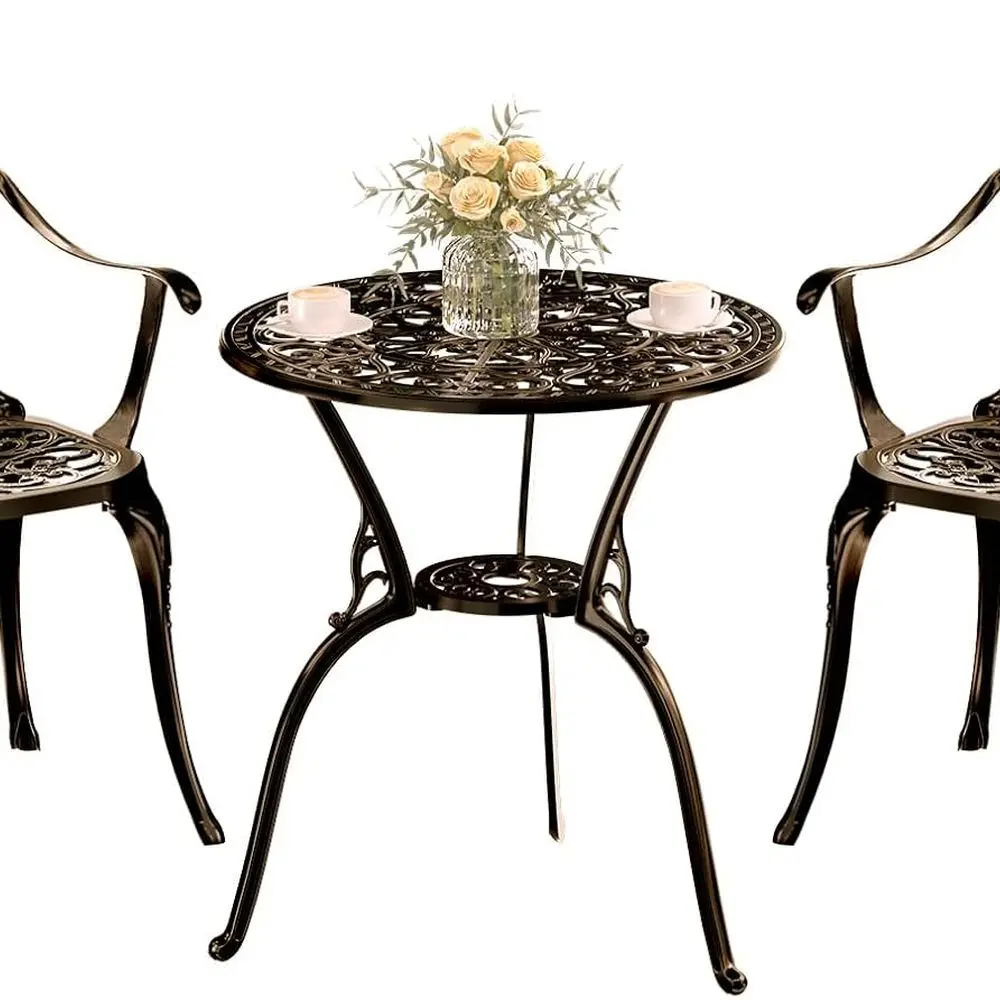 

Bistro Set of 2, Cast Aluminum, Outdoor Set w/Umbrella Hole, 3 Piece Table and Chairs Set, Bistro Set for Backyard/Garden/Lawn,