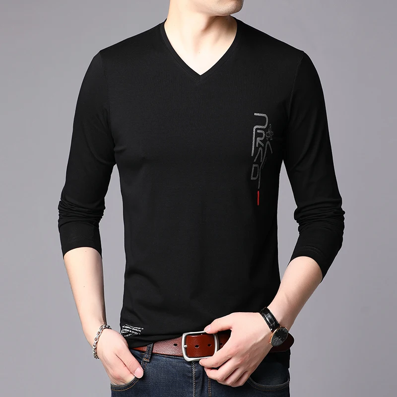 95% Cotton Top Quality Designer New Brand V Neck Mens t Shirts Fashion 2023 Trending Urban Long Sleeve Tops Casual Men Clothes