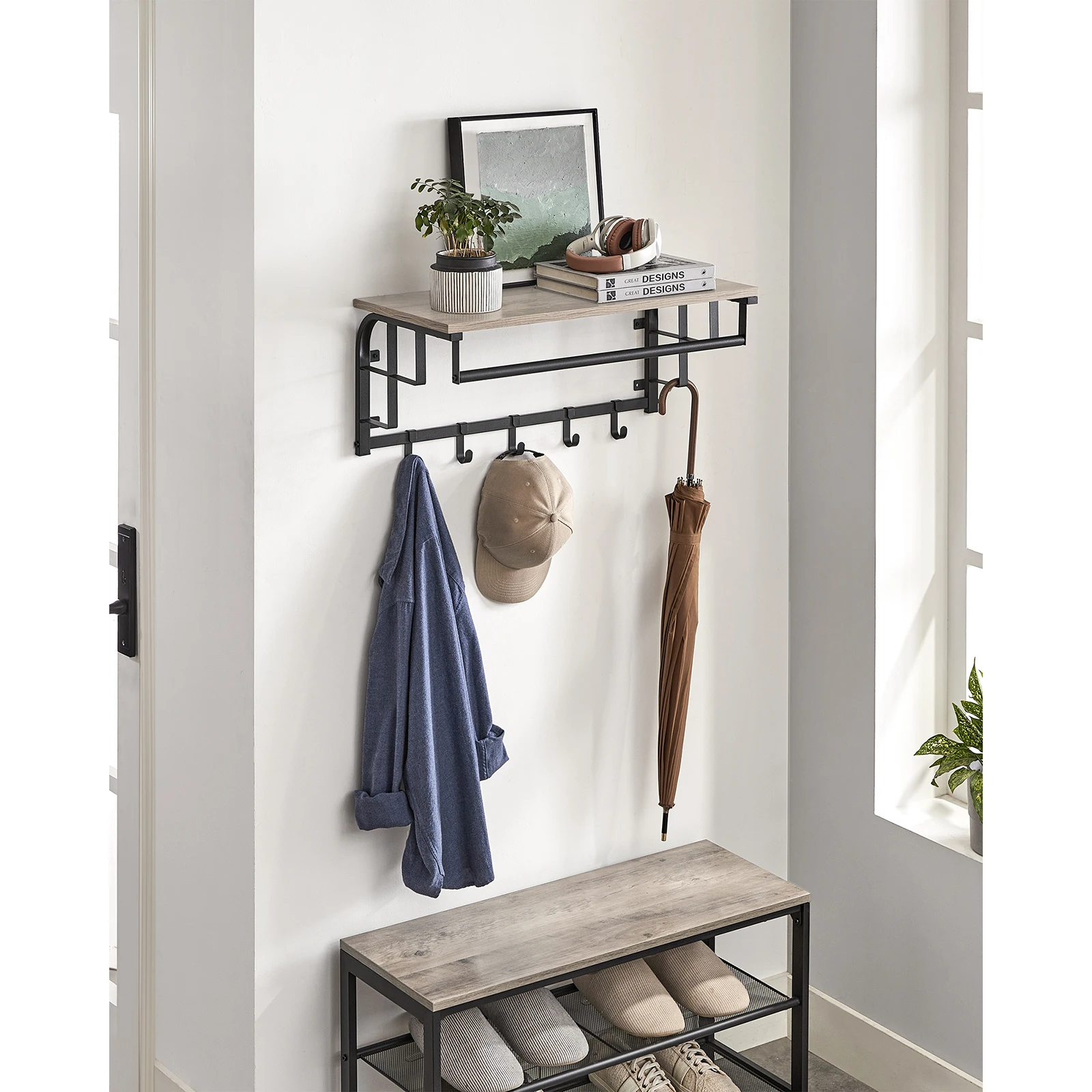 VASAGLE Coat Rack Wall-Mounted, Clothes Rail with 5 Removable Coat Hooks, Floating Shelf with Hanging Rail