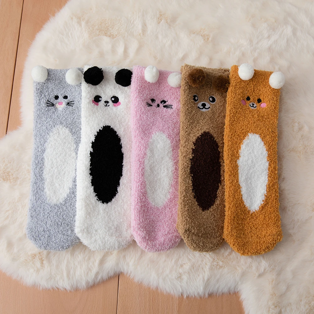 

Cute Animals Socks For Woman Cartoon Panda Bear Theme Coral Fleece High Ankle Socks Winter Thickened Home Use Kawaii Stockings