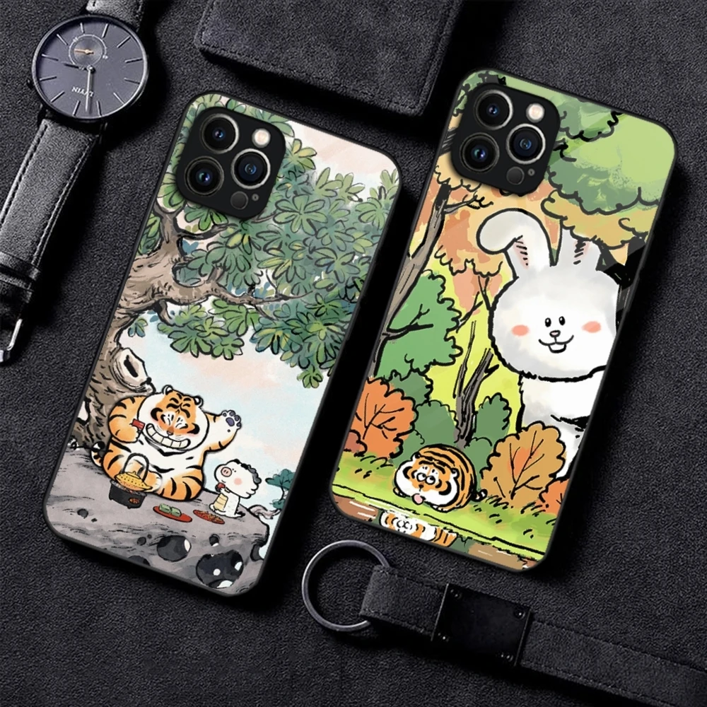 Cute Fat Tiger Phone Case For iPhone 15 13 14 12 16 11 Pro XS Max Plus Mini X XR SE2020 Tempered Glass Coque